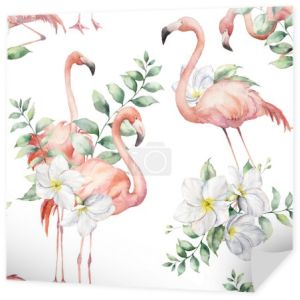 Wzór bezszwowy akwarelowy z różowymi flamingami, liśćmi plumerii i eukaliptusa. Ręcznie malowane ilustracja kwiatowa z kwiatami izolowane na białym tle do projektowania, druku, tkaniny lub tła.