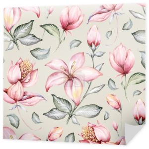 Tropical watercolor birds hummingbird, monkey and jaguar, exotic jungle plants leaves flowers, flamingo pastel color seamless fabric background.