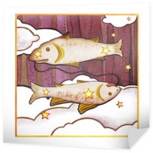 Astrologiczny znak zodiaku Ryby, na białym tle na białym tle. Dwie ryby pływające jedna za drugą. Na białym tle na ciemnym tle wzoru