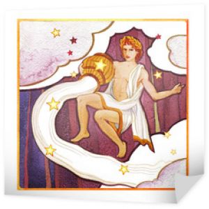 Astrologiczny znak zodiaku Wodnik jako młodzieniec wylewający wodę z dzbanka na ciemnym tle deseniowym