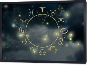 Ilustracja nocnego nieba z gwiazdami i kołem zodiaku