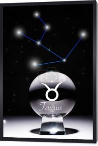 kryształowa kula ze znakiem zodiaku Taurus odizolowana na czarno z konstelacją