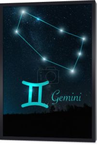 ciemny krajobraz z nocnym gwiaździstym niebem i konstelacją Gemini