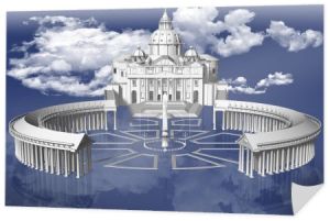 Plac św. Piotra w Watykanie zawieszony pomiędzy ziemią a niebem z białymi chmurami na niebieskim niebie w tle. 3D ilustracja