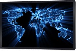 świecąca na niebiesko ogólnoświatowa sieć na koncepcji mapy świata
