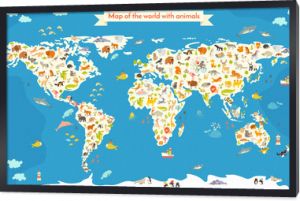 Mapa świata ze zwierzętami. Piękne kolorowe ilustracji wektorowych. Przedszkole, dla niemowląt, dzieci, dzieci i wszystkich ludzi