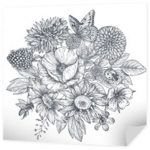 Wieniec z ręcznie rysowanymi kwiatami, liśćmi i motylem