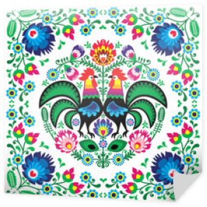 Polish floral folk art square pattern with rooster - wzory lowickie, wycinanki