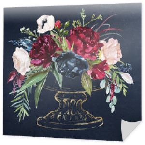 Akwarela ręcznie malowane ślub romantyczna ilustracja na granatowym tle - vintage gold wazon / garnek kwiatów. Kompozycja kwiatowy bukiet. Różowe piwonie, rumiane zawilce, bordowe róże. Dekoracja.