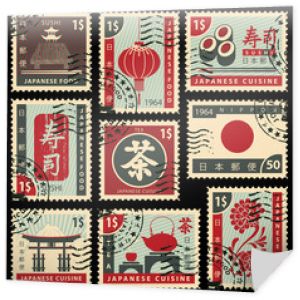zestaw znaczków pocztowych na temat kuchni japońskiej. Hieroglif Japan Post, Sushi, Herbata