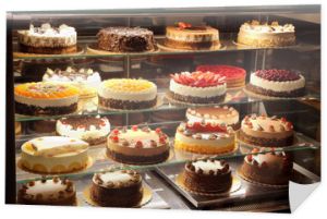 Różne rodzaje ciast na wystawie szklanej cukierni