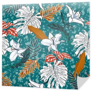 Modne tropikalne botaniczne, liście monstera i kwiaty lilii na afrykańskim batik tło lato nastrój bezszwowy wzór wektor EPS10, projekt dla mody, tkaniny, web, tapety, owijanie i wszystkie wydruki na ciemnozielonym tle
