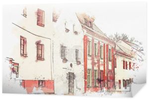 Szkic akwarela lub przykładem tradycyjnej architektury w Cesky Krumlov w Republice Czeskiej