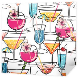 Hand drawn summer cocktail seamless  pattern with hibiscus flowers.  Vector illustration for fashion fabric and all print