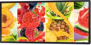Soczyste i świeże owoce. Brzoskwinia, truskawka, malina, ananas, arbuz. Plusk soku. 3D wektor realistyczny zestaw. Wysokiej jakości 50 MB eps