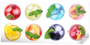 Set of different lemonade drinks made with soda water on white background, top view. Banner design