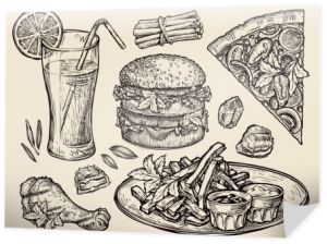 fast-foody. ręka ciągnione pizza, hamburger, frytki, hamburger, kurczaka z grilla, bryłki, świeży sok. szkic ilustracji wektorowych