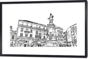 Drukuj Widok budynku ze znakiem rozpoznawczym Coimbry to miasto w Portugalii. Ręcznie rysowany szkic ilustracji w wektorze.