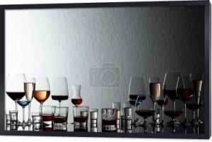 Zestaw różnych napojów alkoholowych w okularach na czarnym, refleksyjnym tle. W przypadku alkoholu, whisky, wódki, rumu, brandy, tequili, ginu, czerwonego i białego wina . 