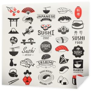 Wektor zestaw logotypów Sushi. Sushi sztuka projektowania elementów, loga, odznaki, etykieta, ikony i obiektów