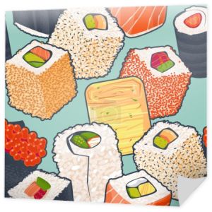Tradycyjne japońskie jedzenie. Zbliżenie sushi. Płynny wzór tła. Ilustracja wektora