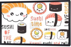 Cute wektor zestaw sushi i bułki. Japońskie jedzenie z dodatnimi twarzami. Zabawne napisy o jedzeniu i sushi