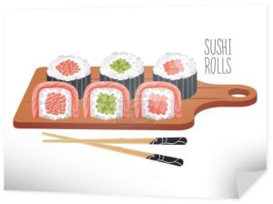 Sushi toczy się na drewnianej tacy z pałeczkami. Ikona azjatyckiej kuchni, menu restauracji, wektor