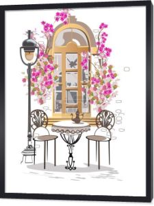 Seria tła ozdobione kwiatami, widokiem na stare miasto i kawiarni ulicznych. Okno kawiarni. Ręcznie rysowane wektorowe tło architektoniczne z zabytkowymi budynkami. 