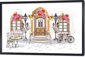 Cykl kolorowe widoki na ulicę w starym mieście z kwiatami. Ręcznie rysowane wektorowe tło architektoniczne z zabytkowymi budynkami