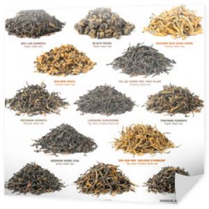 Herbata na białym tle. Stosy różnych znanych chińskich odmian czarnej herbaty (znanych również jako czerwona herbata) na białym tle