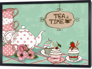 Ilustracja z martwą naturą zestawu do herbaty i babeczek