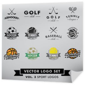 Retro Vintage Hipster Sport wektor Logo zestaw. Baseball, tenis, piłka nożna, piłka nożna, golf, hokej na lodzie, koszykówka.