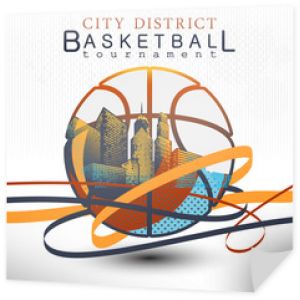 Turniej koszykówki Plakat Scena miejska z budynkami i niebo