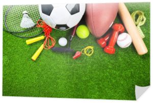 Różne obiekty sportowe na zielonej trawie