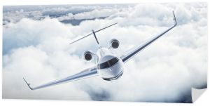 Realistyczny obraz białego luksusowego ogólnego projektu prywatnego samolotu lecącego nad ziemią. Puste błękitne niebo z białymi chmurami w tle. Koncepcja podróży służbowych. Poziomy. renderowanie 3d