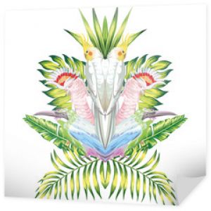 papuga lustro tropikalne liście białe tło