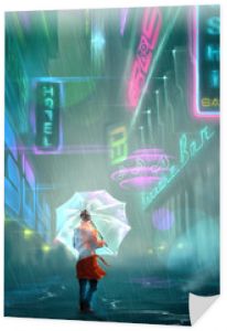 Młoda kobieta stojąca na ulicy z wielkimi neonami w futurystycznym Cyberpunkowym mieście