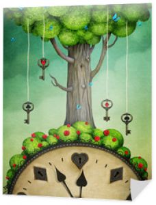 Koncepcja fantasy ilustracja lub plakat z drzewem z kluczami i zegarem, Kraina Czarów.