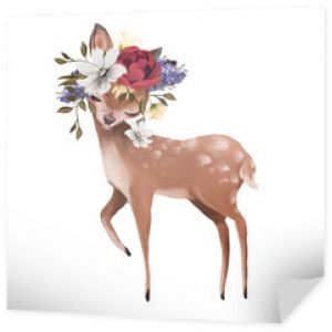 Ładny ręcznie rysowane jelenia, płowy w wieniec kwiatowy, bukiet kwiatów, leśny portret zwierząt akwarela