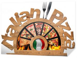 Drewniany symbol włoskiej pizzy z płomieniami / Drewniany symbol z kawałkami pizzy, płomieniami, tekstem Włoska pizza, srebrnymi sztućcami i włoską flagą. Na białym tle