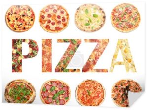 Zestaw z różnymi smaczne pizze i słowo na białym tle, widok z góry