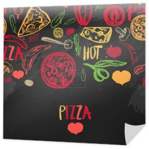 Pizza menu with olives, words, tomatoes and slices on dark background for banners, wrapping paper.