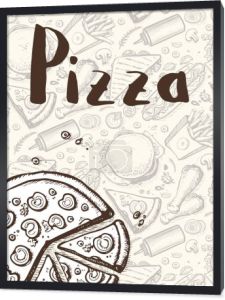 Pizza vintage ręcznie rysowane plakat. Restauracja lub kawiarnia menu karty wektorowej ilustracji z fast food doodles. Pokrywa katalogu cen, plakat retro żywności śmieci z przekąskami szkice liniowe