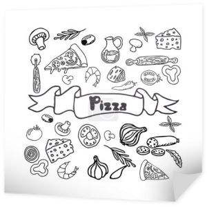 Włoska pizza i składniki. Włoski wzór menu żywności. Szablon projektu menu pizzerii. Vintage ręcznie rysowane szkic wektor ilustracji. Grawerowany obraz.