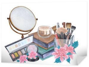 Akwarela tworzą produkty. Ręcznie rysowane kosmetyki zestaw pereł w proszku, szczotki w uchwycie szklanym, proszek, tekstura, paleta, tusz do rzęs, szminka, różowe kwiaty.