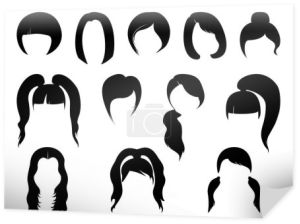 Czarne sylwetki zestaw kobiet głowy z różnych modnych fryzur. Płaskie nowoczesne długie i krótkie fryzury i zestaw projektant stylizacji włosów. Ilustracja Jpeg