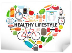 Godło serca zdrowego stylu życia. Zdrowie, zdrowa żywność i aktywne codzienne rutynowe płaskie ikony wektor transparent na białym tle