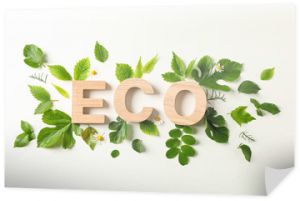 Napis eco i zieleni na jasnym tle, miejsca na tekst. Ochrona środowiska. Rolnictwo