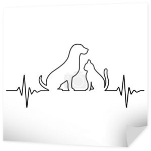Linia ilustracja pulsu z psem i kotem na białym tle