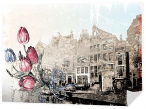 rocznika ilustracja ulicy Amsterdamu. Styl akwareli.